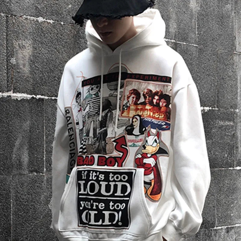 White hip hop hoodie with cartoon print and velvet lining for men streetwear spring autumn