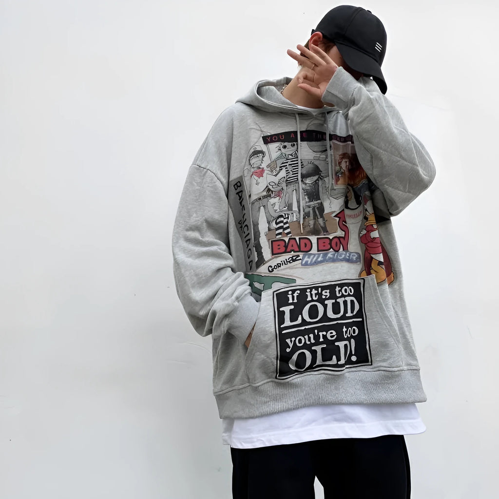 White hip hop hoodie with cartoon print and velvet lining for men streetwear spring autumn