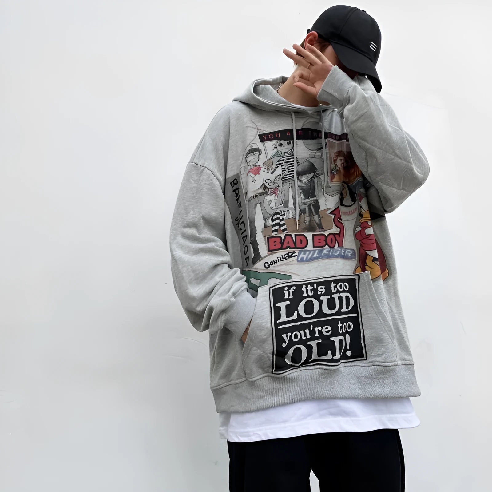 White hip hop hoodie with cartoon print and velvet lining for men streetwear spring autumn