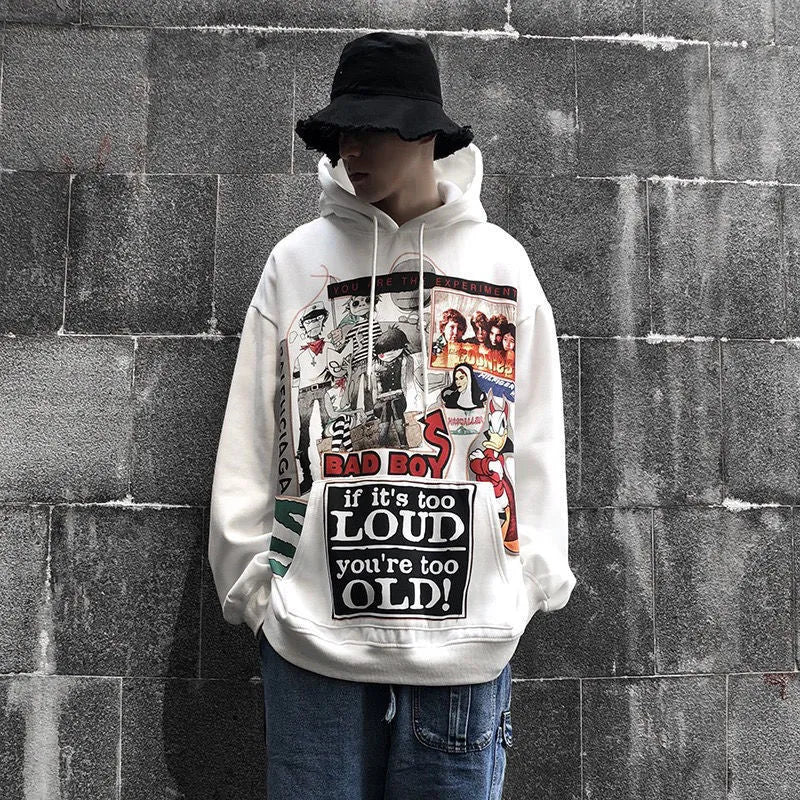 White hip hop hoodie with cartoon print and velvet lining for men streetwear spring autumn