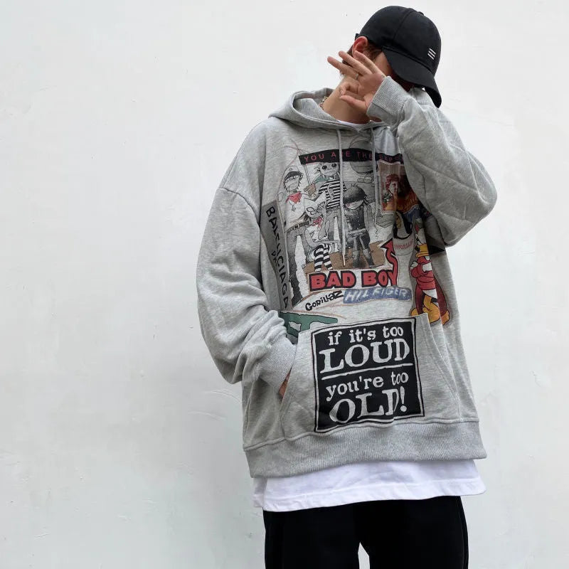 White hip hop hoodie with cartoon print and velvet lining for men streetwear spring autumn