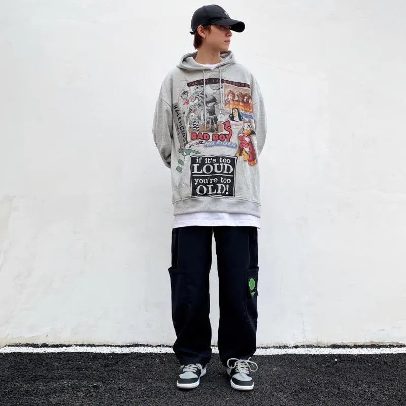 White hip hop hoodie with cartoon print and velvet lining for men streetwear spring autumn
