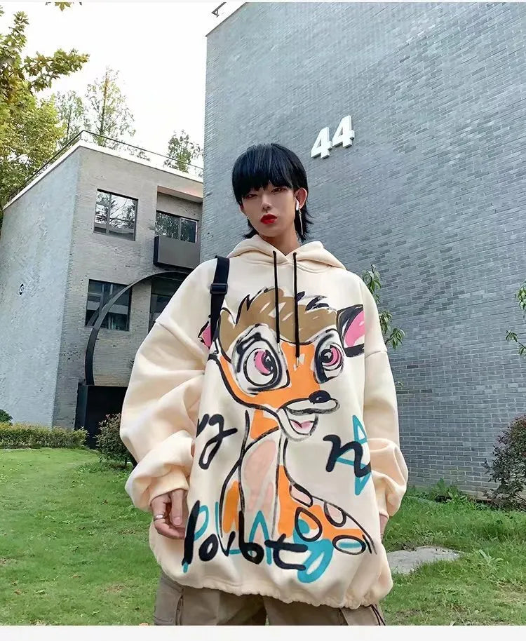 White hip hop hoodie with cartoon print and velvet lining for men streetwear spring autumn