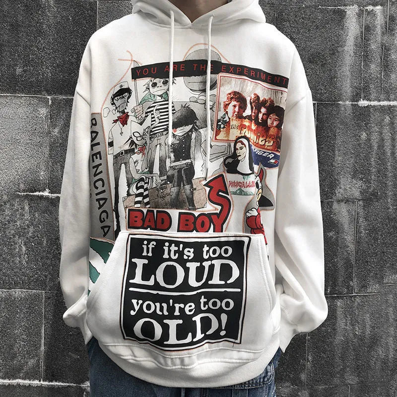 White hip hop hoodie with cartoon print and velvet lining for men streetwear spring autumn