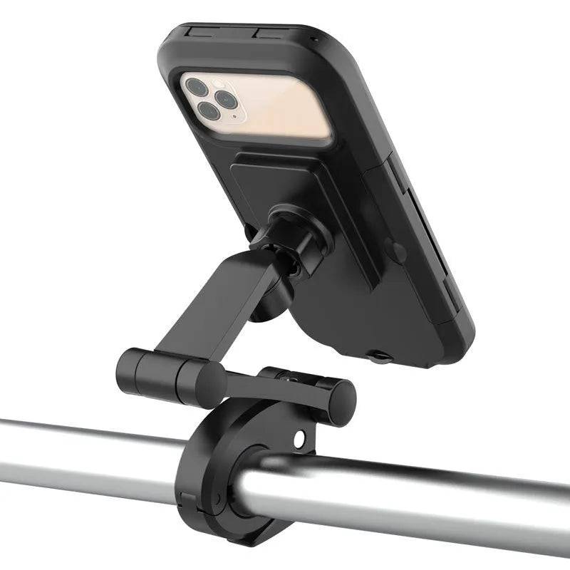 Black waterproof bicycle and motorcycle phone holder for 4 to 6.7 inch phones, L universal fit.