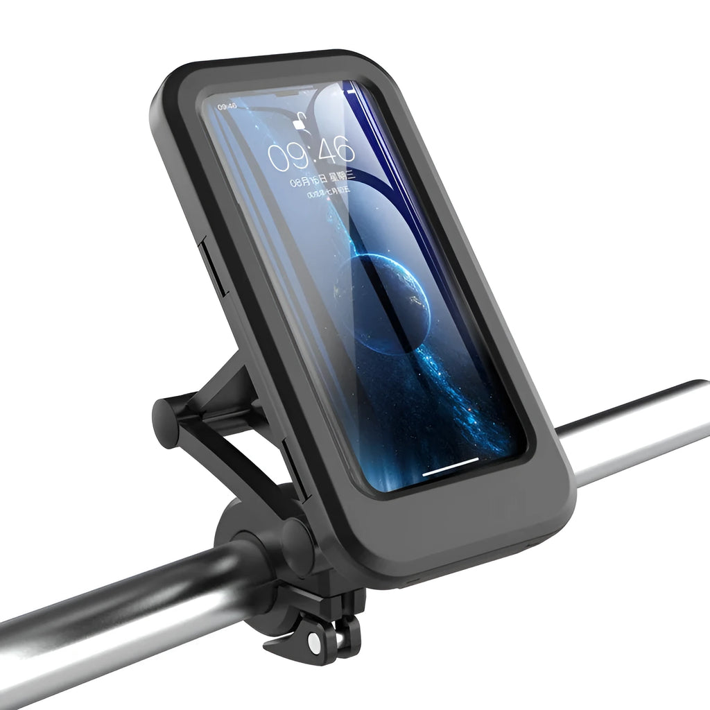 Black waterproof bicycle and motorcycle phone holder for 4 to 6.7 inch phones, L universal fit.