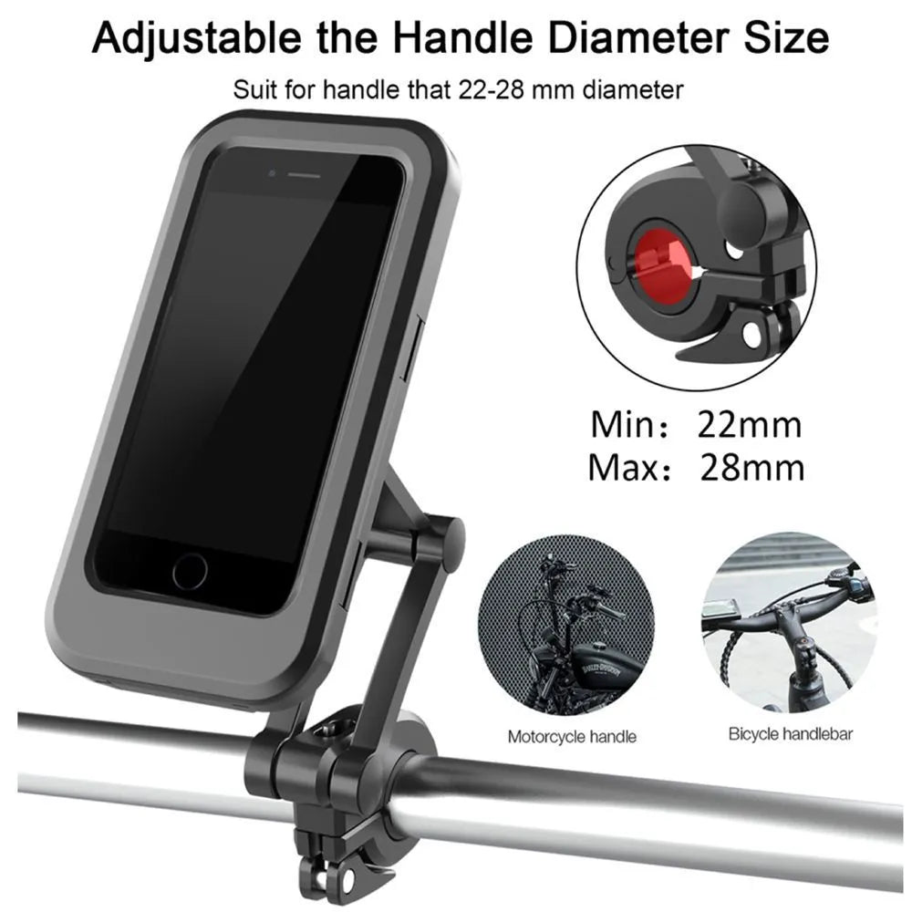 Black waterproof bicycle and motorcycle phone holder for 4 to 6.7 inch phones, L universal fit.