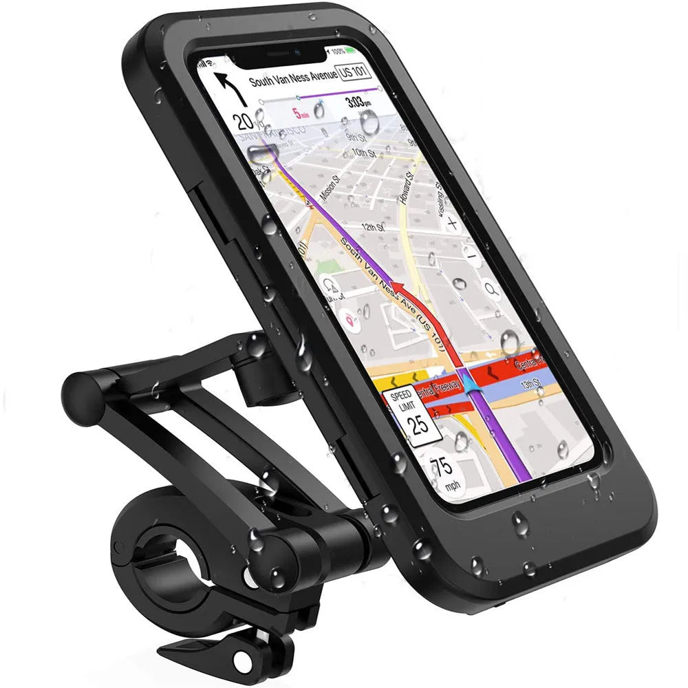 Black waterproof bicycle and motorcycle phone holder for 4 to 6.7 inch phones, L universal fit.