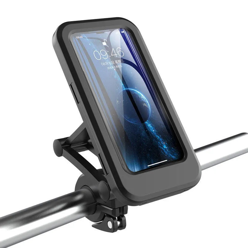 Black waterproof bicycle and motorcycle phone holder for 4 to 6.7 inch phones, L universal fit.
