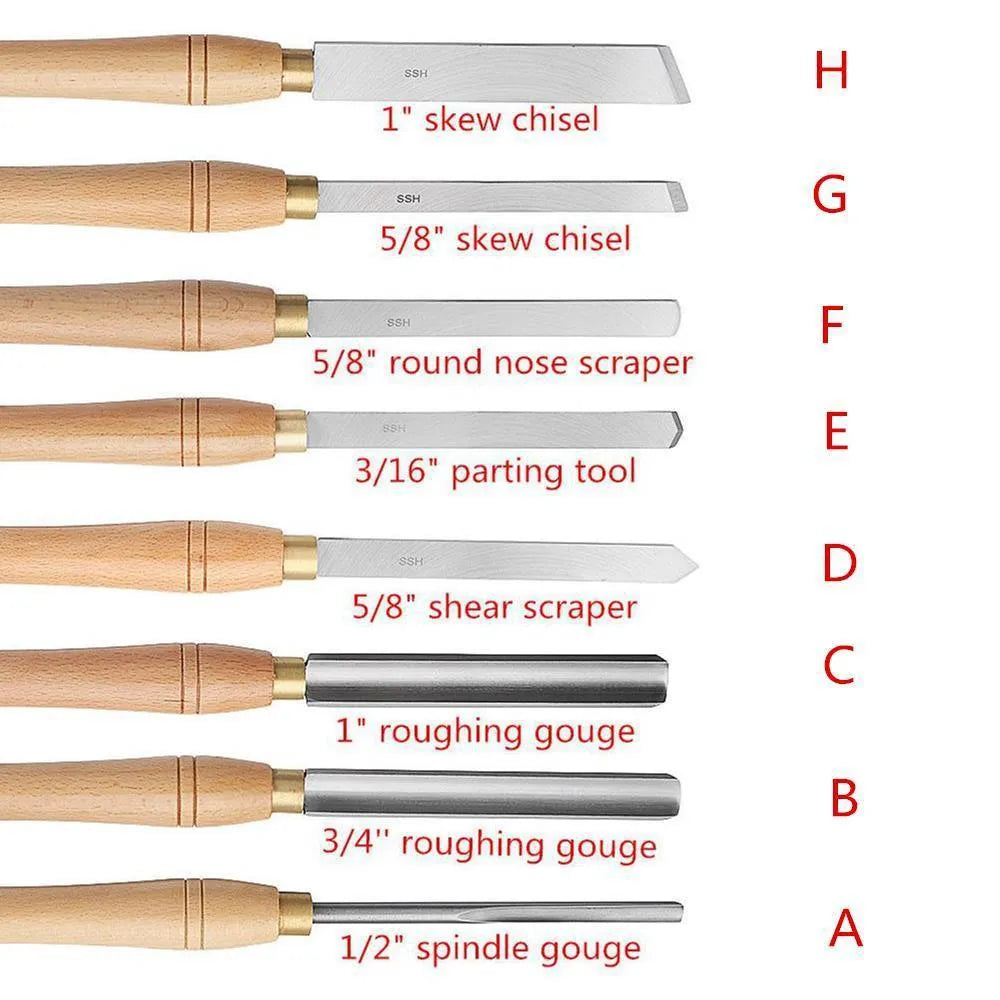 Eight chrome vanadium steel wood turning tools in wooden storage box for woodworking