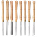 Eight chrome vanadium steel wood turning tools in wooden storage box for woodworking