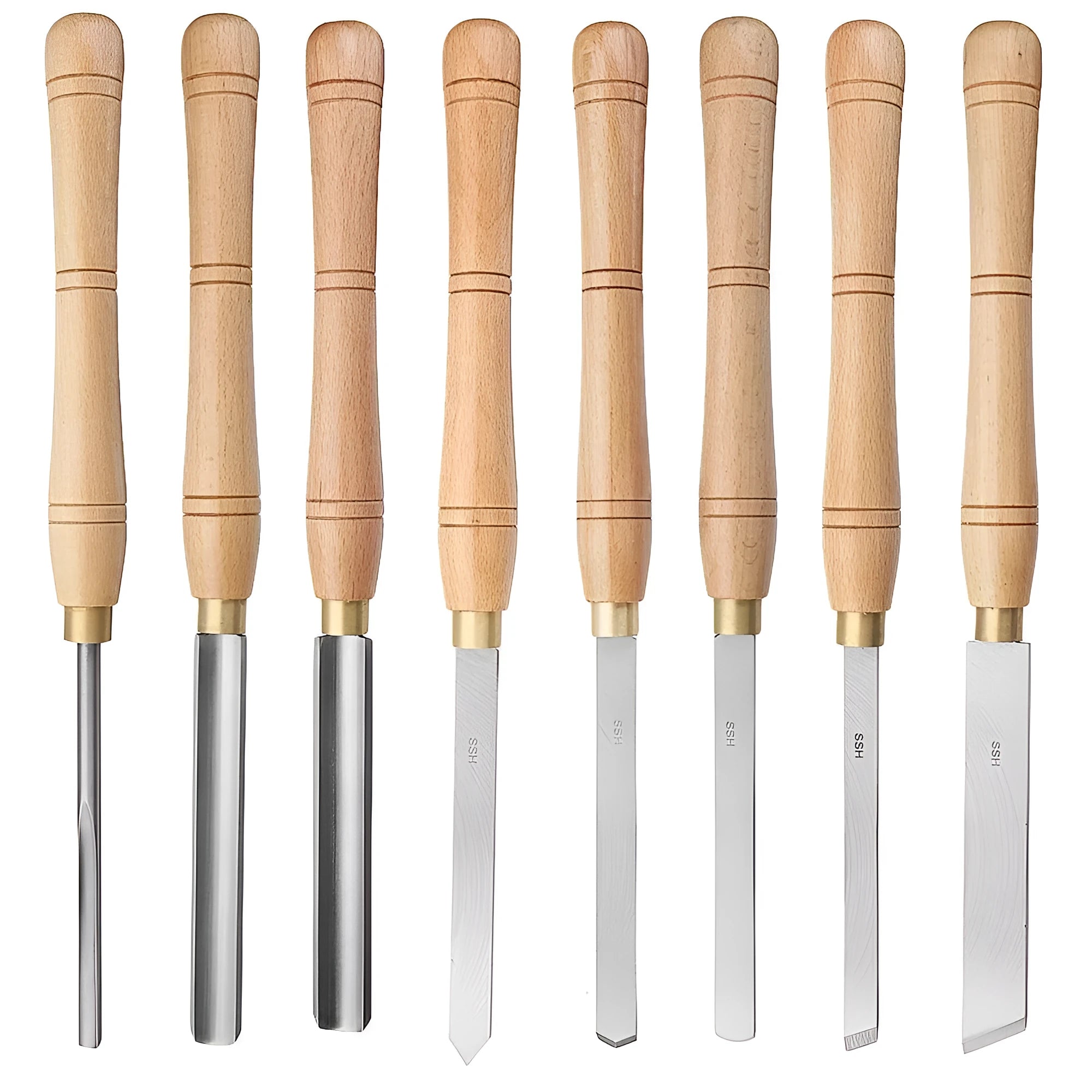 Eight chrome vanadium steel wood turning tools in wooden storage box for woodworking
