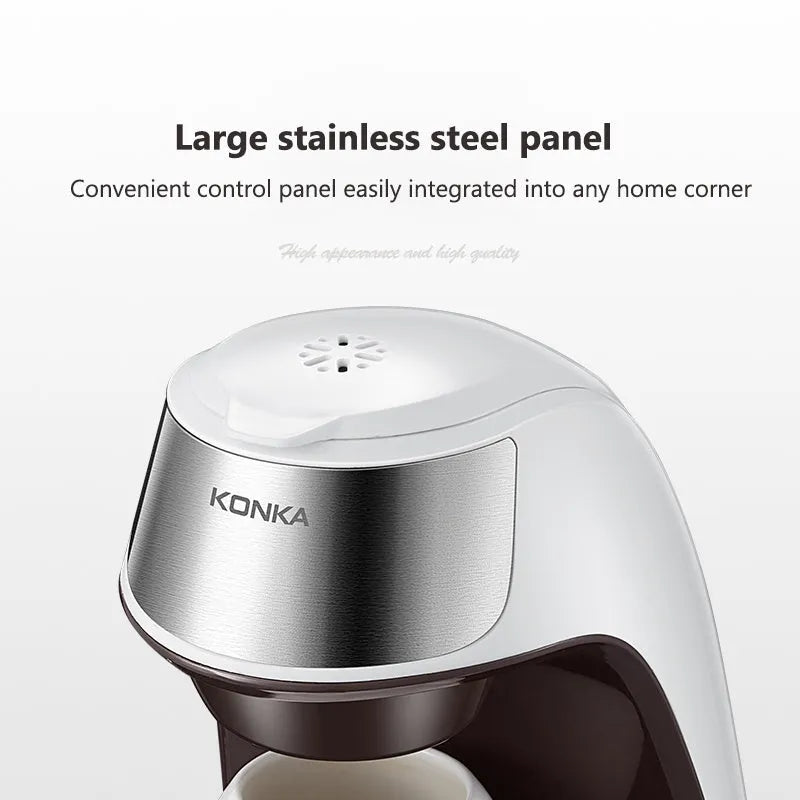 Mini automatic coffee maker white with stainless steel panel, ceramic cup, compact 230x175x230mm size