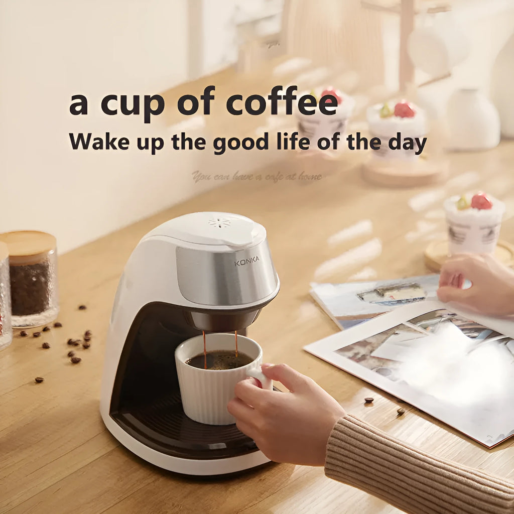 Mini automatic coffee maker white with stainless steel panel, ceramic cup, compact 230x175x230mm size