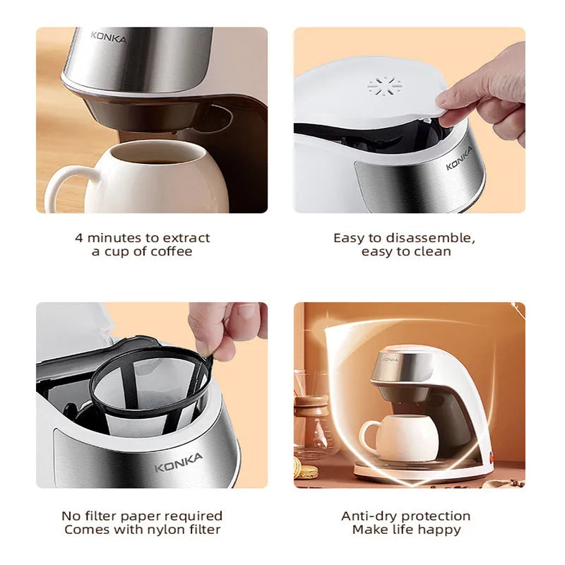 Mini automatic coffee maker white with stainless steel panel, ceramic cup, compact 230x175x230mm size