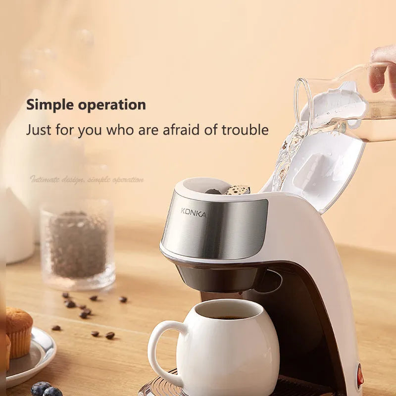 Mini automatic coffee maker white with stainless steel panel, ceramic cup, compact 230x175x230mm size