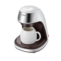 Mini automatic coffee maker white with stainless steel panel, ceramic cup, compact 230x175x230mm size