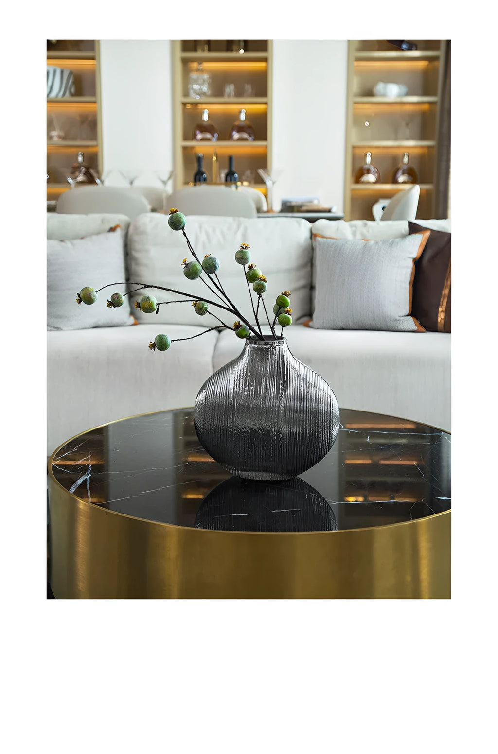 Silver brushed electroplated glass vase L size 25x13x25cm with striped finish on table