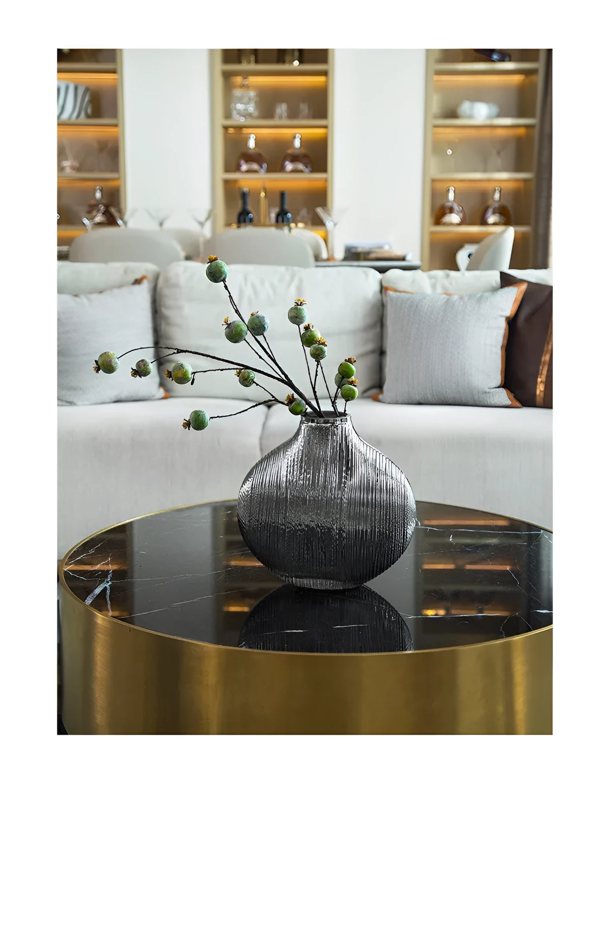 Silver brushed electroplated glass vase L size 25x13x25cm with striped finish on table