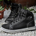 Black and grey men's casual motorcycle short boots with breathable panels and a non-slip sole.