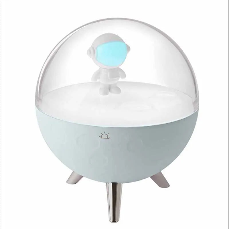 Modern USB LED night light with plastic shade in white and blue colour options on a desk.