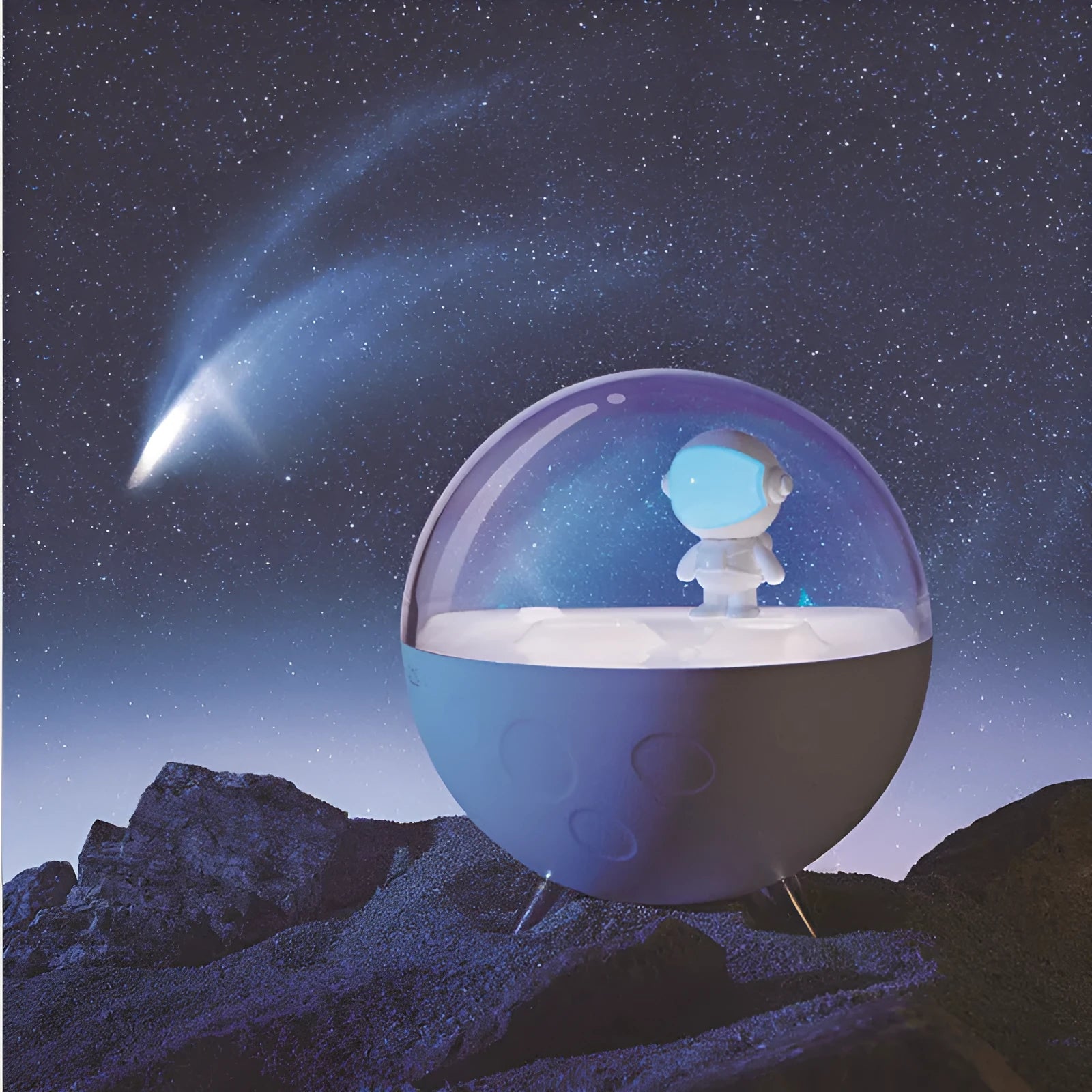 Modern USB LED night light with plastic shade in white and blue colour options on a desk.