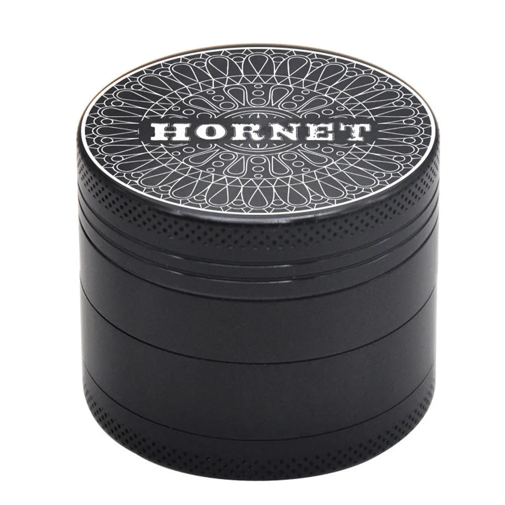 50mm four-layer aluminum alloy smoke grinder with magnetic lid, side view showing layers and metal construction