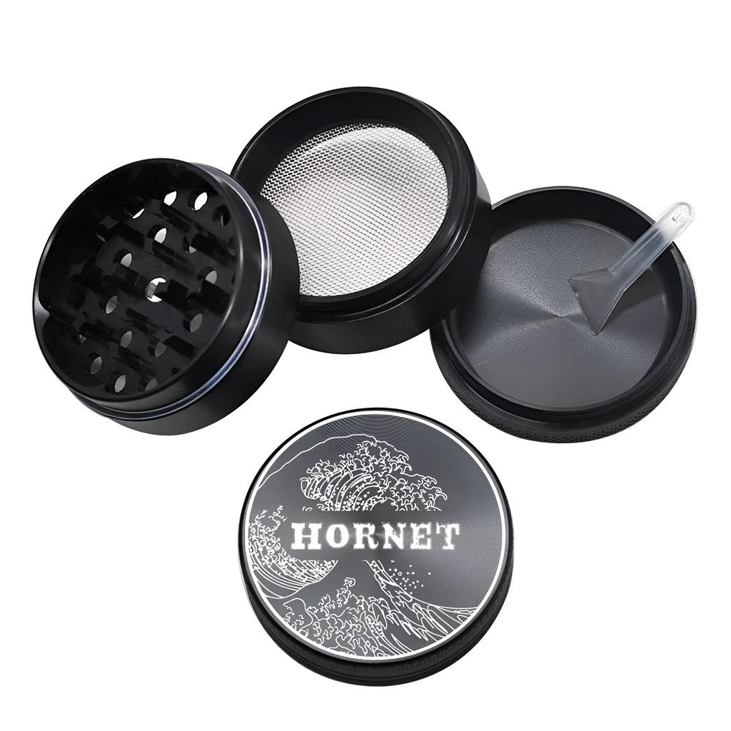 50mm four-layer aluminum alloy smoke grinder with magnetic lid, side view showing layers and metal construction