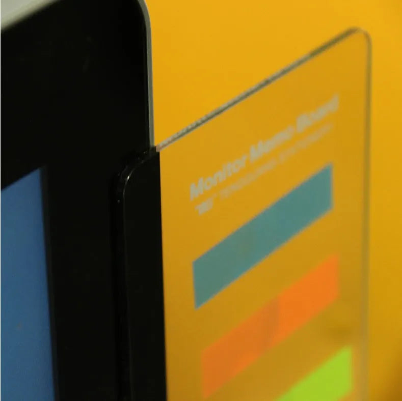 Transparent acrylic computer monitor side pane 28 x 7.8 cm holding a note on the side of a monitor