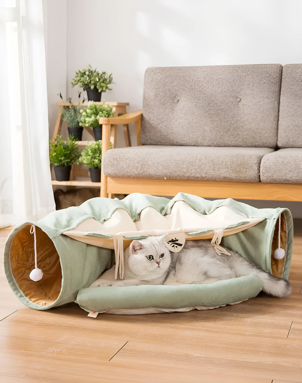 Collapsible washable fabric cat tunnel showing bar, coffee, matcha, and pink colour options
