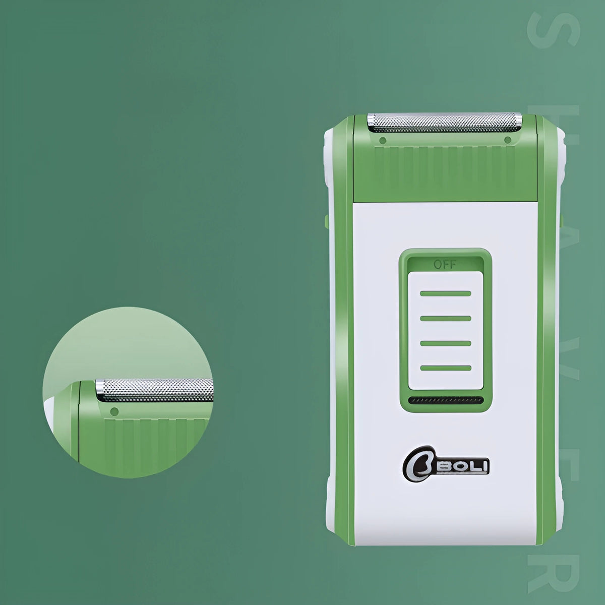L2 model reciprocating electric shaver with ABS plastic body and a silver net shaving head.