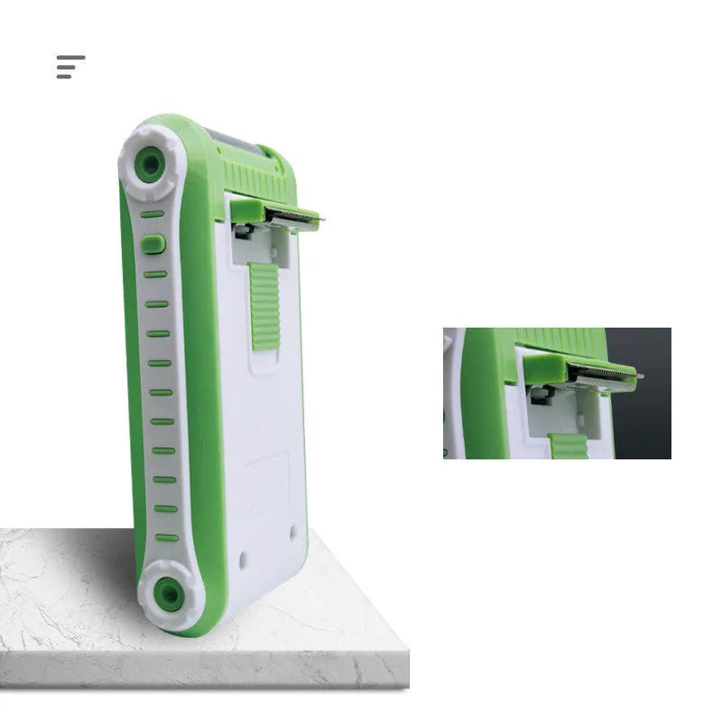 L2 model reciprocating electric shaver with ABS plastic body and a silver net shaving head.
