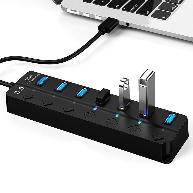 Black seven-port USB 3.0 hub with external power supply and splitter cable