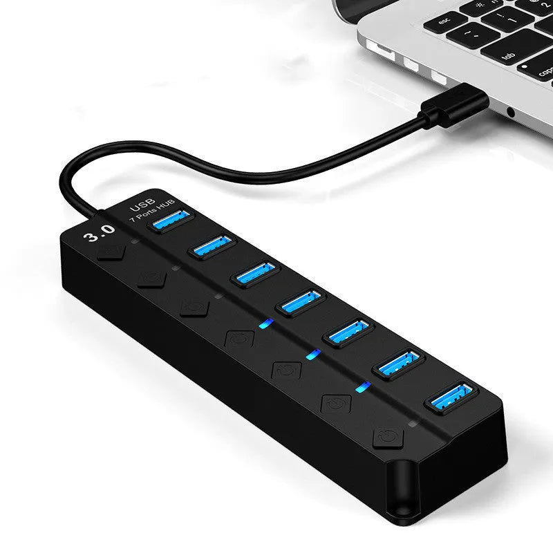Black seven-port USB 3.0 hub with external power supply and splitter cable