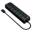 Black seven-port USB 3.0 hub with external power supply and splitter cable