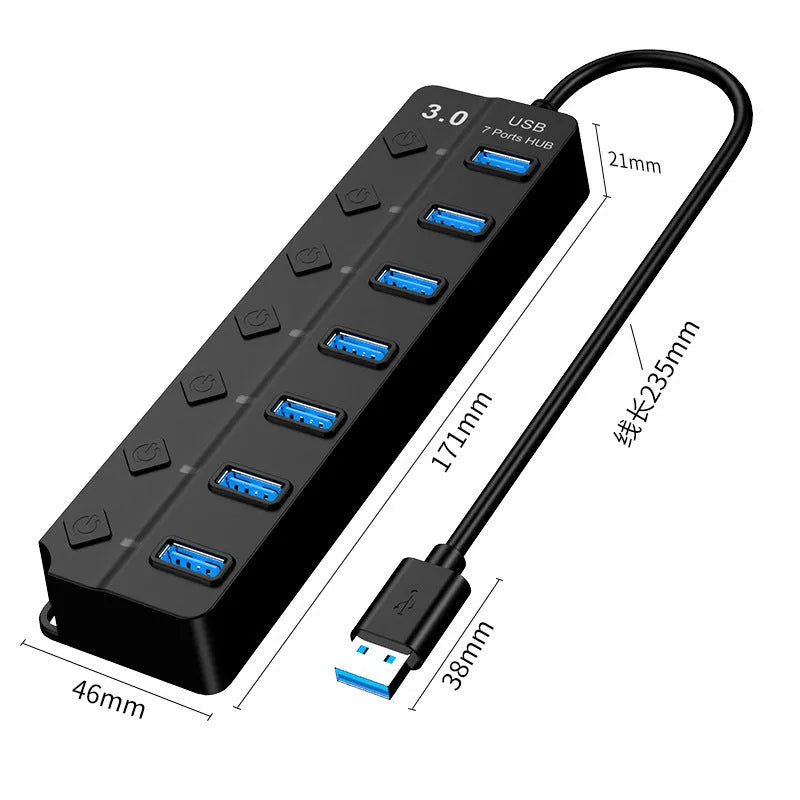 Black seven-port USB 3.0 hub with external power supply and splitter cable