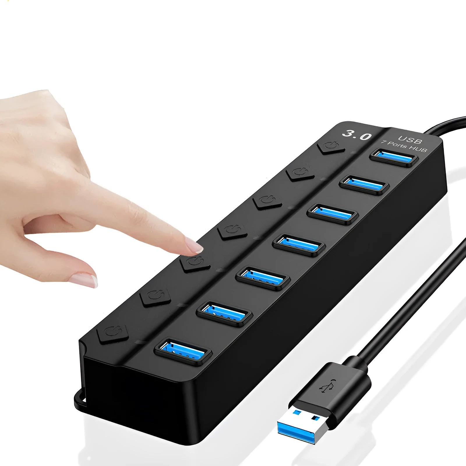 Black seven-port USB 3.0 hub with external power supply and splitter cable