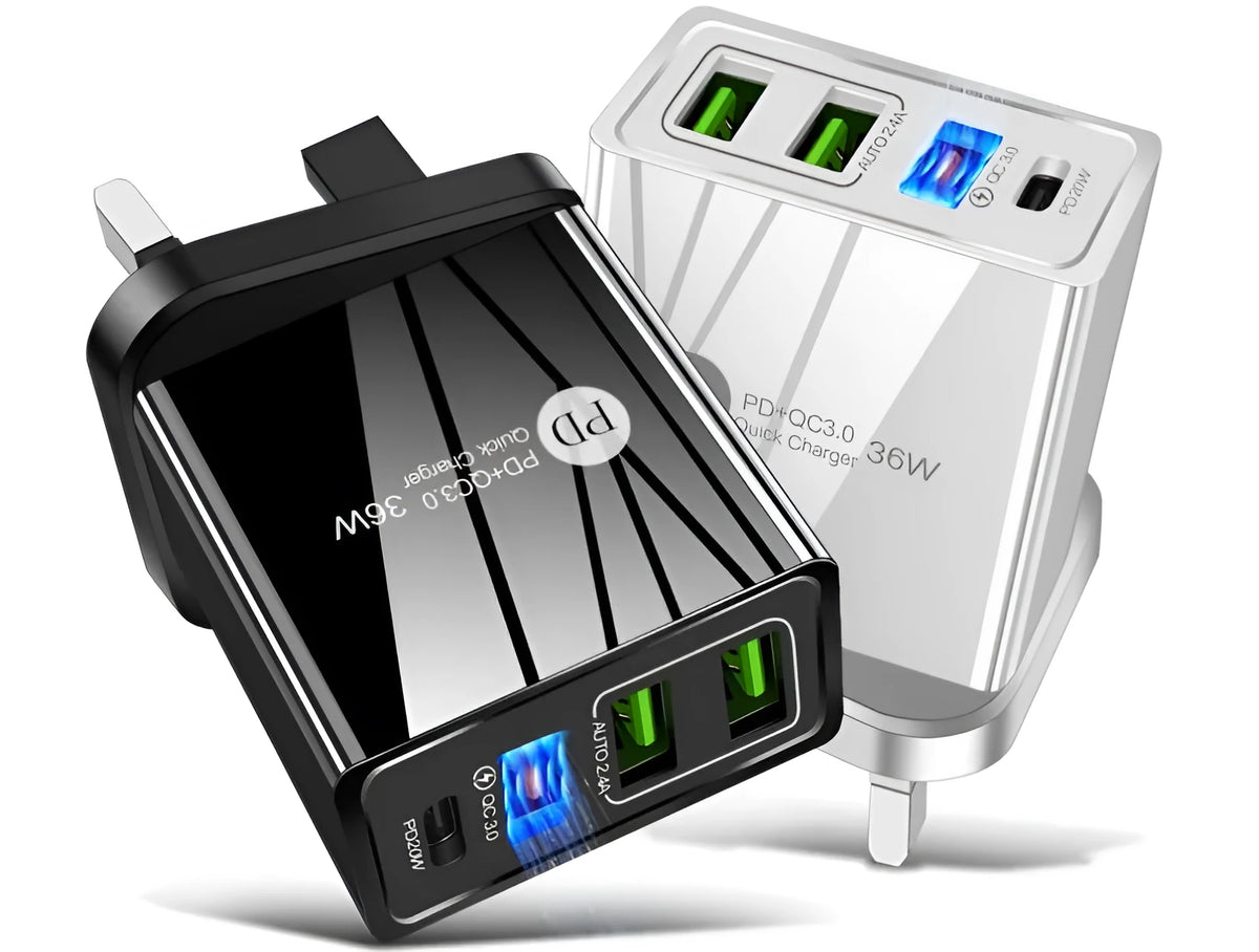 20W PD fast charger with four USB ports in black or white colour options