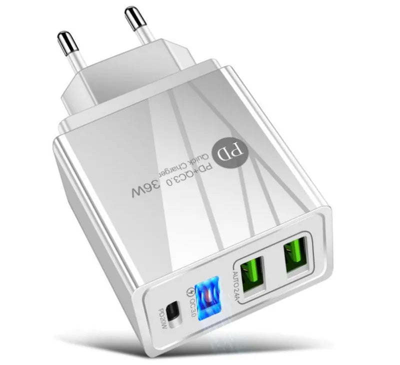 20W PD fast charger with four USB ports in black or white colour options
