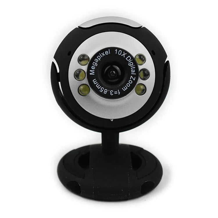 USB webcam with ring of six LED lights around the lens and integrated microphone for computer video calls.