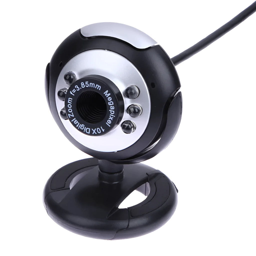 USB webcam with ring of six LED lights around the lens and integrated microphone for computer video calls.