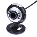 USB webcam with ring of six LED lights around the lens and integrated microphone for computer video calls.