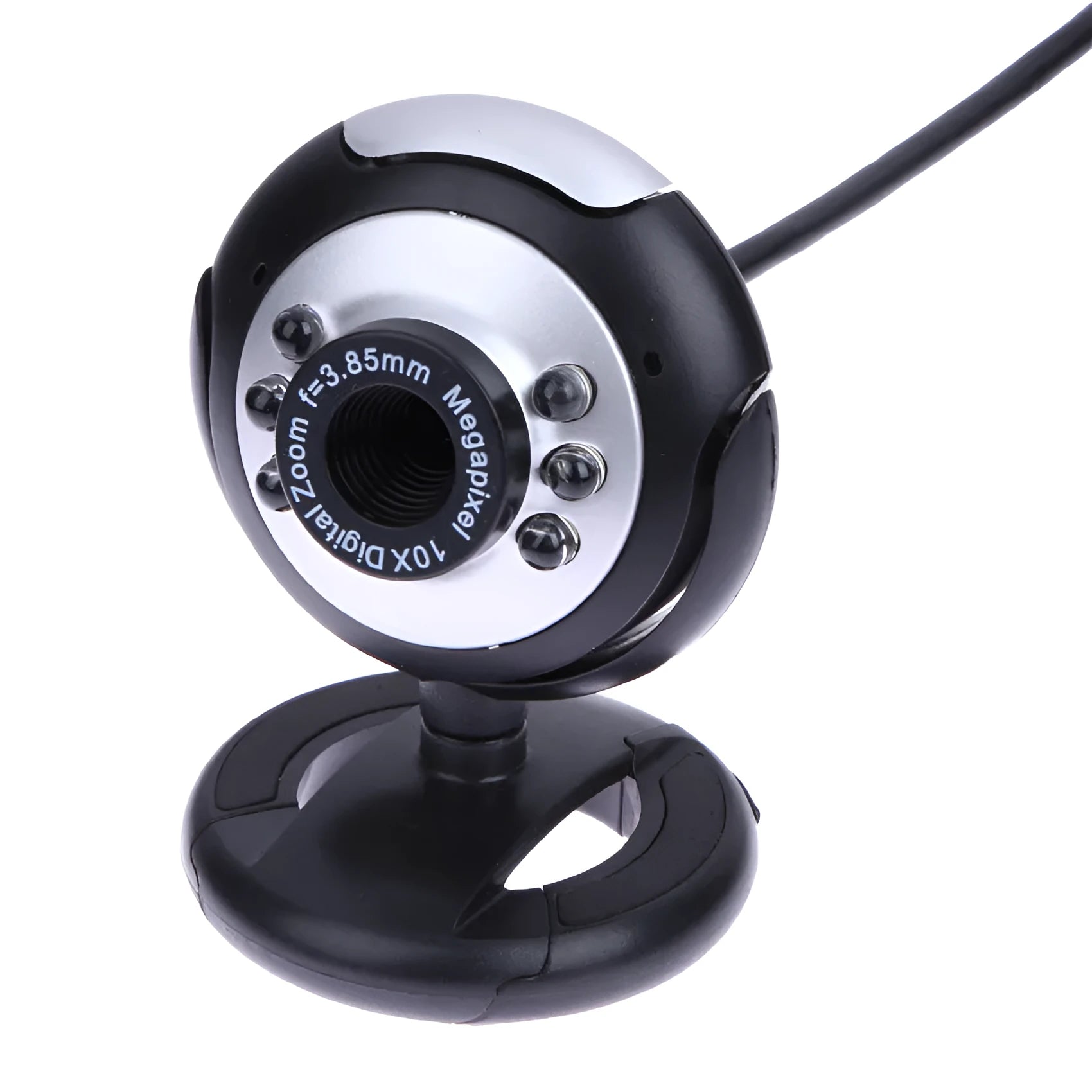 USB webcam with ring of six LED lights around the lens and integrated microphone for computer video calls.