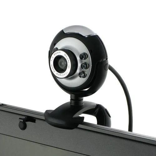 USB webcam with ring of six LED lights around the lens and integrated microphone for computer video calls.