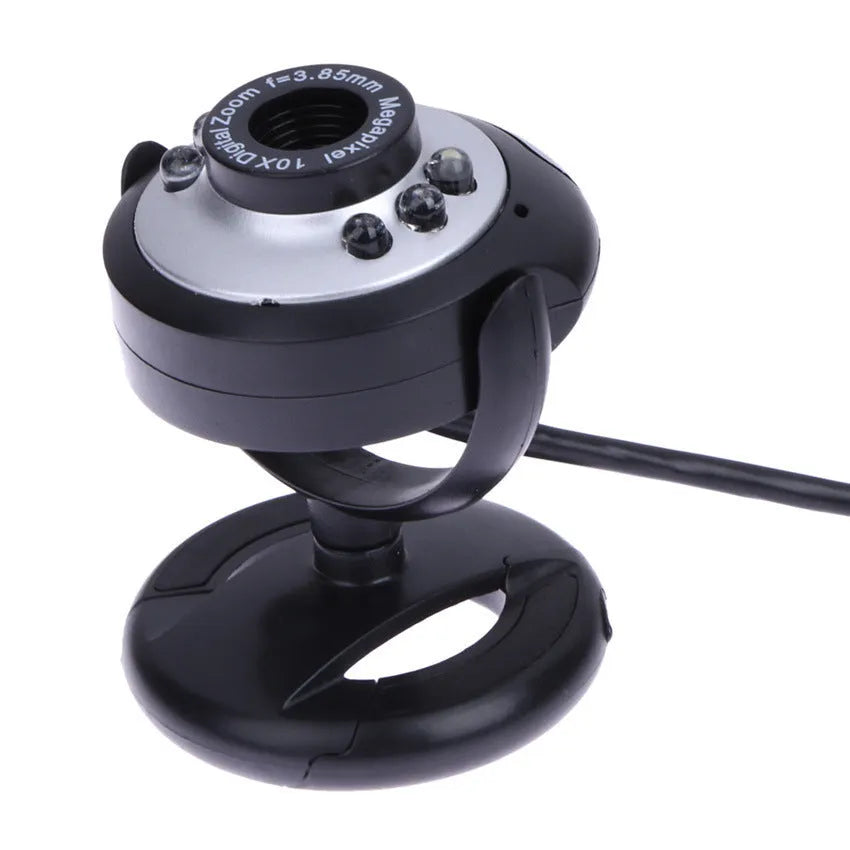 USB webcam with ring of six LED lights around the lens and integrated microphone for computer video calls.