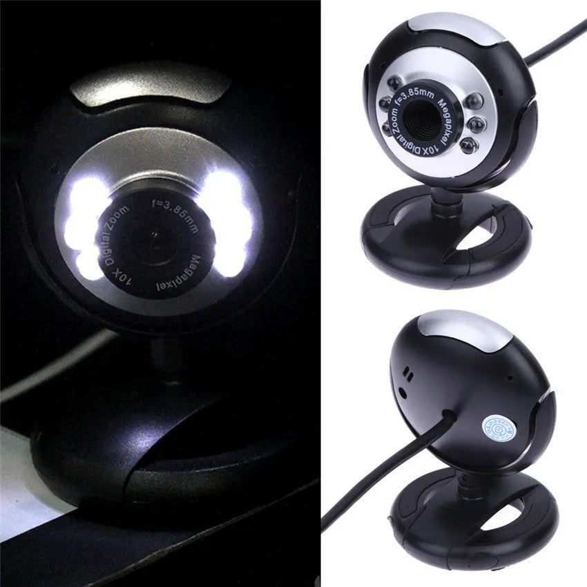 USB webcam with ring of six LED lights around the lens and integrated microphone for computer video calls.