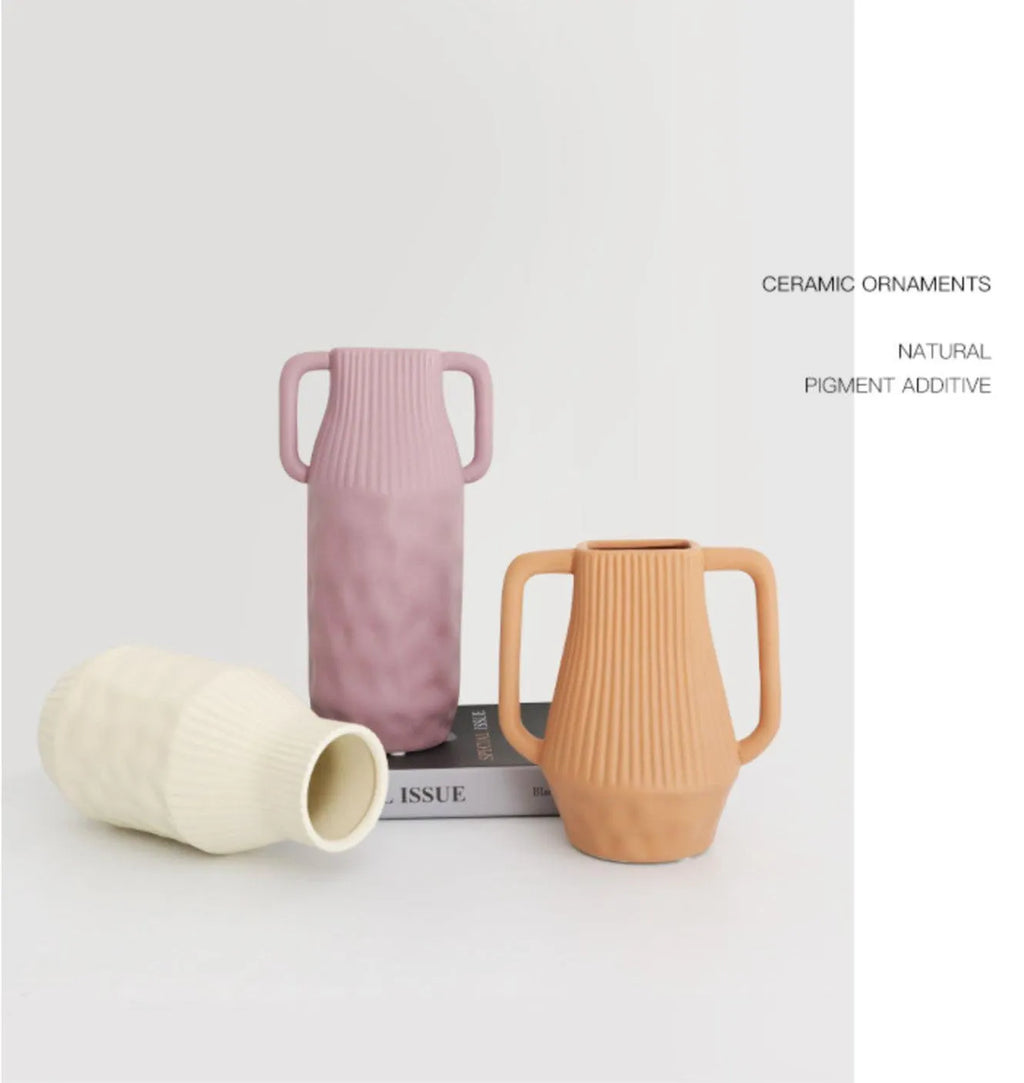 Nordic Morandi style ceramic vase with hammer texture in beige, brown, or purple.