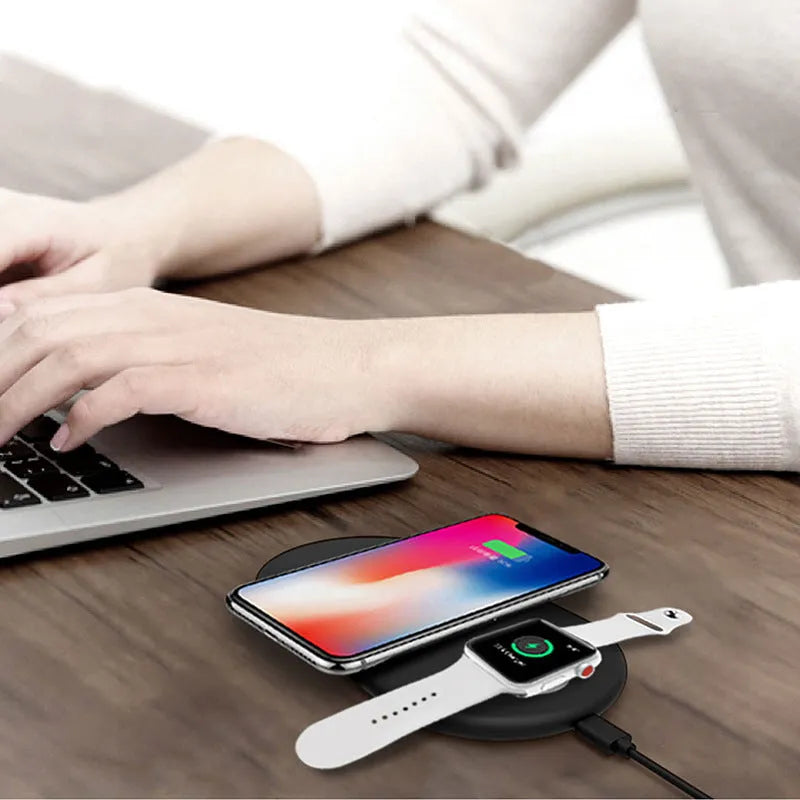 2 in 1 QI wireless charging dock for iPhone, Apple Watch and Android, 174mm x 88mm x 9.5mm, black or white