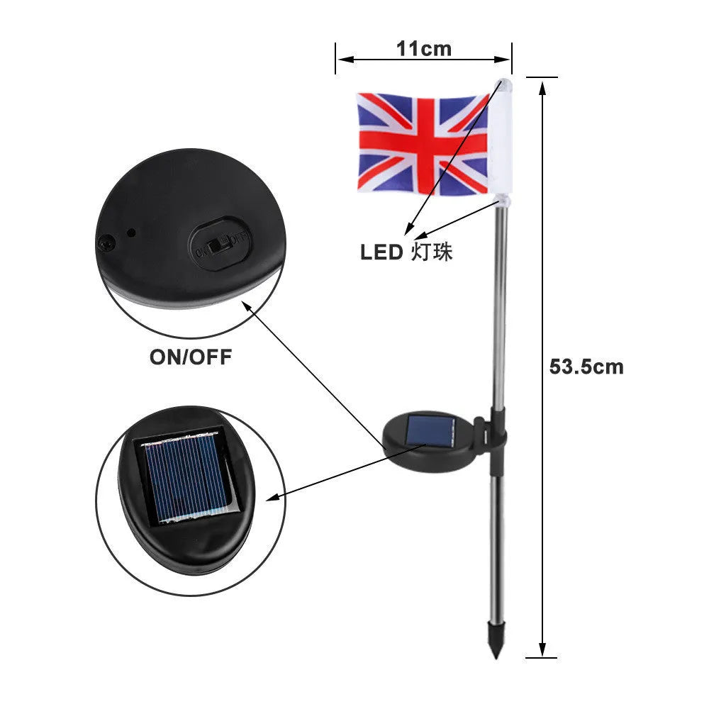 34 cm solar-powered LED garden flag light in American or British flag design with waterproof fabric