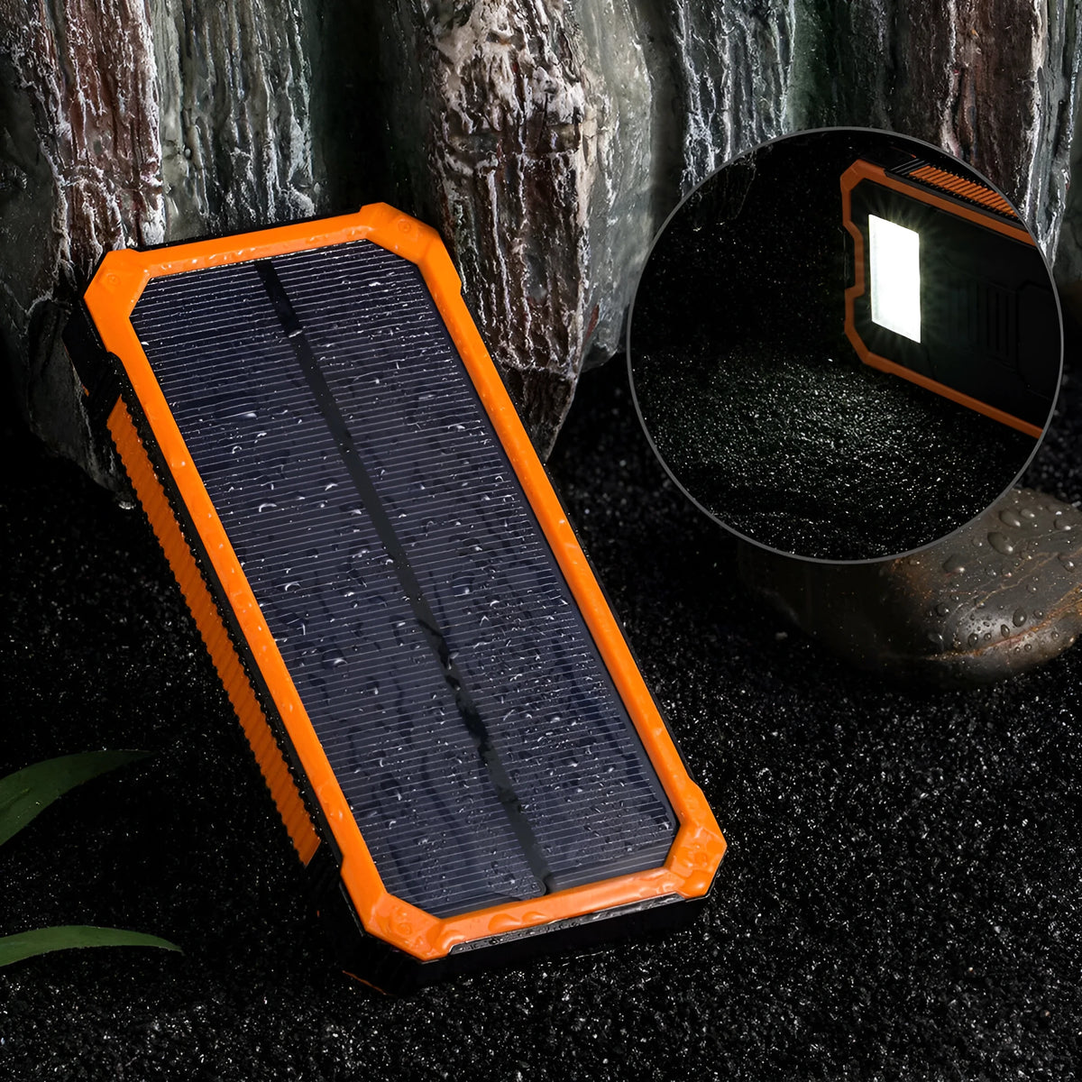 Orange three proofs solar power bank showing solar panel and USB ports